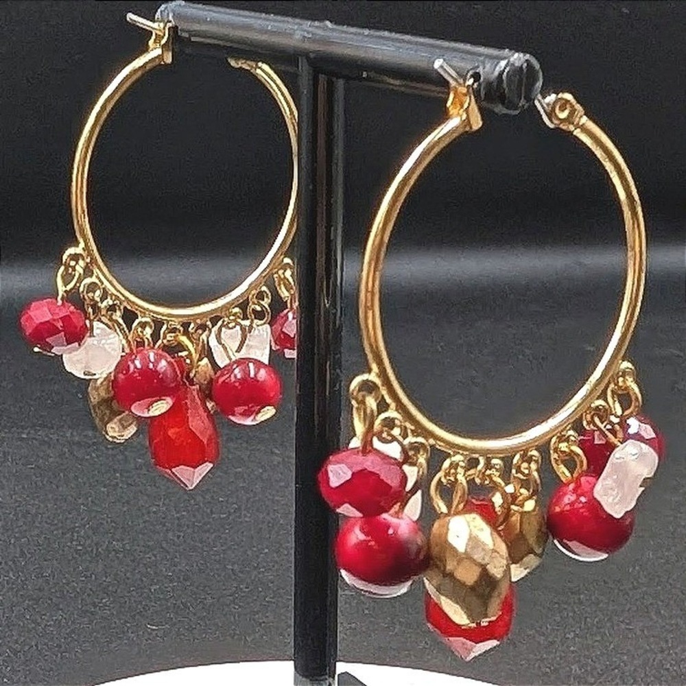 Vintage Gold Hoop Earrings Red Bead‎ Dangles Festive Boho Charm